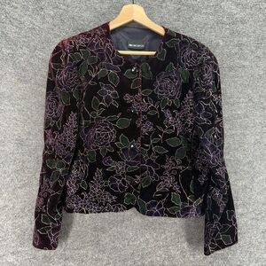 In Group LTD Blazer Women 12 Black Floral Button Up Long Sleeve Crew Neck Casual